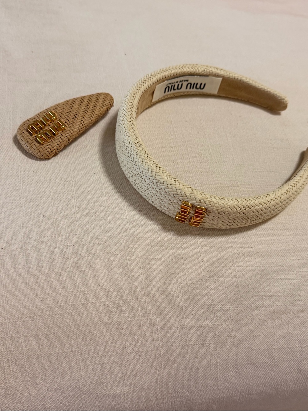 Miu Miu Cream Woven Headband with Gold Logo Detail